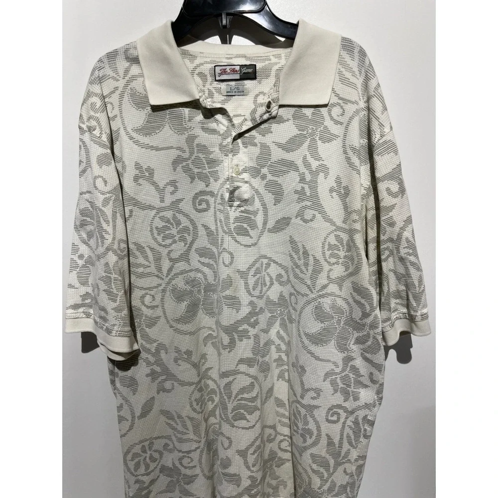 The Skins Game Mens Large Polo Shirt Waffle Knit Scroll Floral Damask Cream Grey